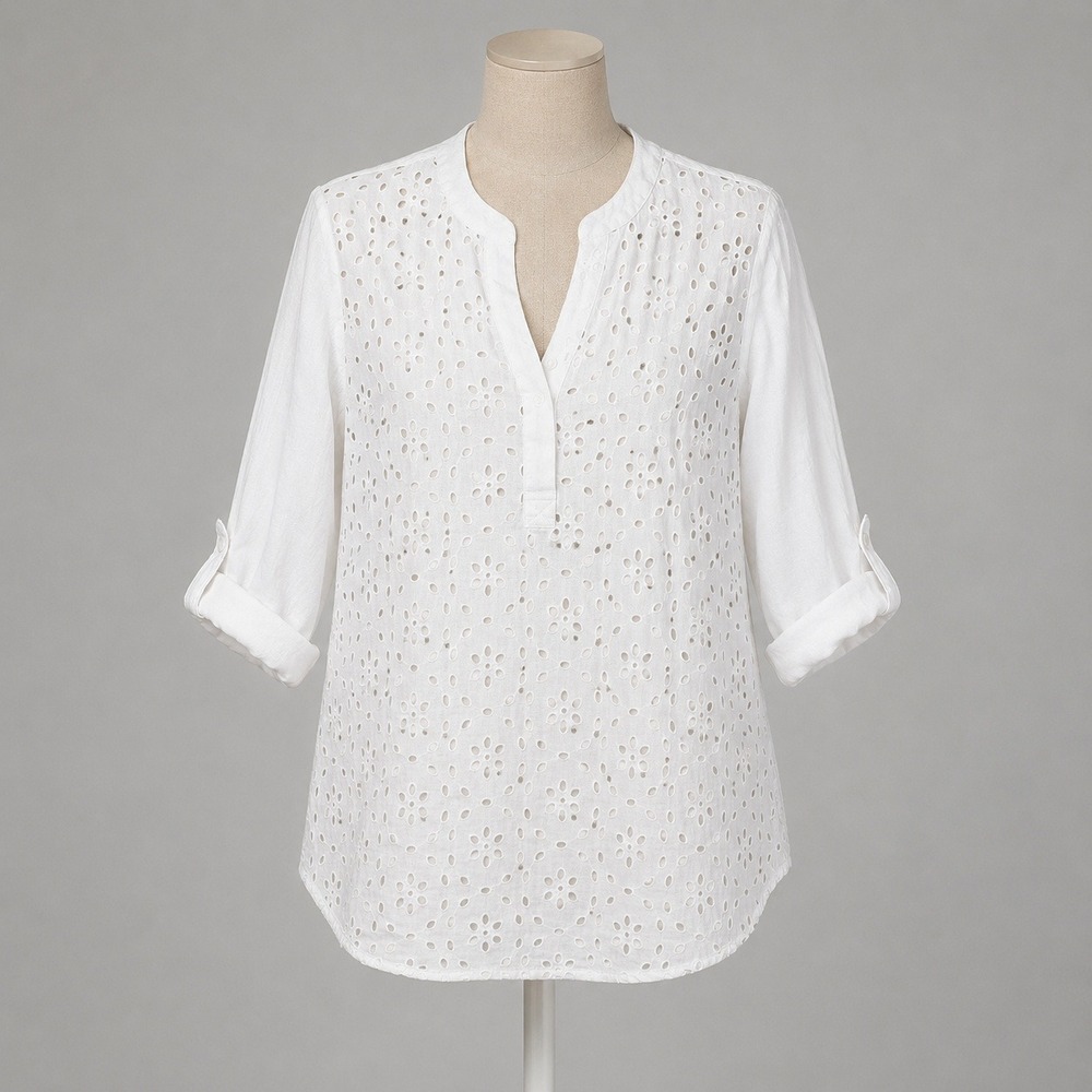 Floral Eyelet 100% Linen Tunic‎ Top S White Coastal Resort Boho Fairy Lagenlook